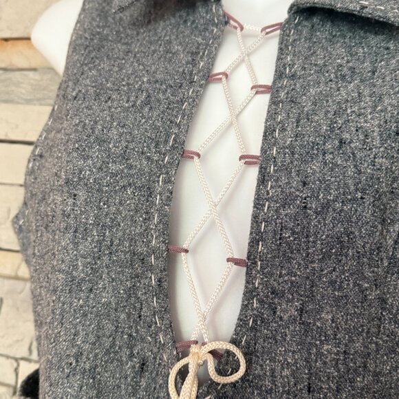 Grey Wool Midi Dress w/ White Lace-up Front Detail & a Back Slit Below the Knee - Picture 4 of 16